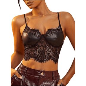 Women's Pu Leather Lace Crop Top Y2k Sheer V Neck Spaghetti Strap Camisole Party Club Tops in Kuwait