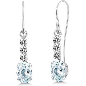 Gem Stone King 10K White Gold Sky Blue Aquamarine and White Diamond Drop Dangle Earrings For Women (1.06 Cttw, Gemstone March Birthstone, Oval 6X4MM) in Kuwait