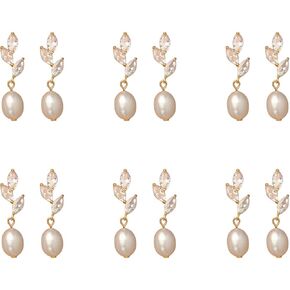 6 Pairs Dainty Pearl Earrings for Women,Gold Pearl Drop Stud Earrings,Bridesmaid Earring,Freshwater CZ Leaf Dangle Drop Earring,Elegant Oval PearlStuds for Wedding,Jewelry Gifts for Women in Kuwait