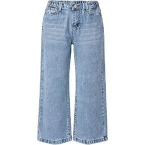 Girls Wide Leg Jeans Elastic Waistband Light Blue Water Ripple Straight Leg Denim Pants for 8-12 Years Old Kids in Kuwait