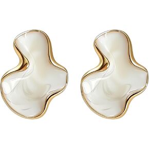 Irregular Statement Earrings for Women, Petal White Enamel Stud Earrings, Large Abstract Geometric Stainless Steel Trendy Jewelry for Party and Daily Wear in Kuwait