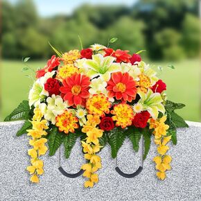 زهور المقبرة الاصطناعية للقبر، سرج زهرة شاهد القبر، ديكورات قبر واقعية للمقبرة، زهور يوم الذكرى المقاومة للأشعة فوق البنفسجية مع عباد الشمس الوردي لديكور قبر مقبرة القبر in Kuwait