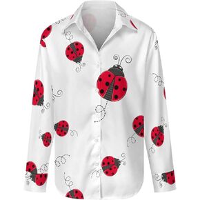 ROBNIK Cute Red Ladybug Cartoon Pattern Women's Button Down Shirts Long Sleeve Blouse Casual Printed Tops in Saudi Arabia
