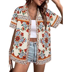 Womens Boho Shirts Short Sleeve Dressy Casual V Neck Button Down Shirt Trendy Loose Fit Bohemian Blouses Tops in Kuwait