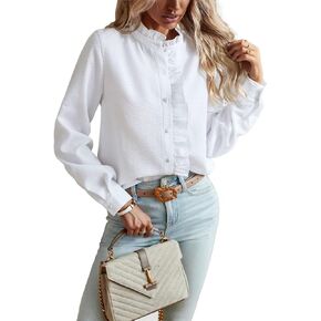 Women's Ruffle Trim Button Up Long Sleeve Blouse Top Striped Stand Collar Elegant Work Shirt in Kuwait