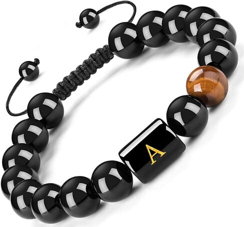 FRG Initials Bracelets for Men Letter Link Handmade Natural Black Onyx Tiger Eye Stone Beads Braided Rope Meaningful Bracelet in Kuwait