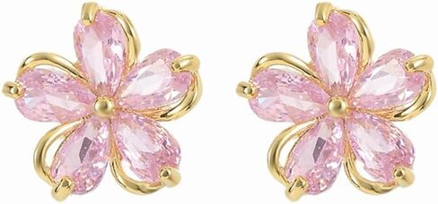 Crystal Pink Flower Stud Earrings for Women Gold/Silver Plated Cute Sparkly Cz Cubic Zirconia Floral Small Studs Wedding Party Prom Costume Hypoallergenic Fashion Jewelry for Her in Saudi Arabia