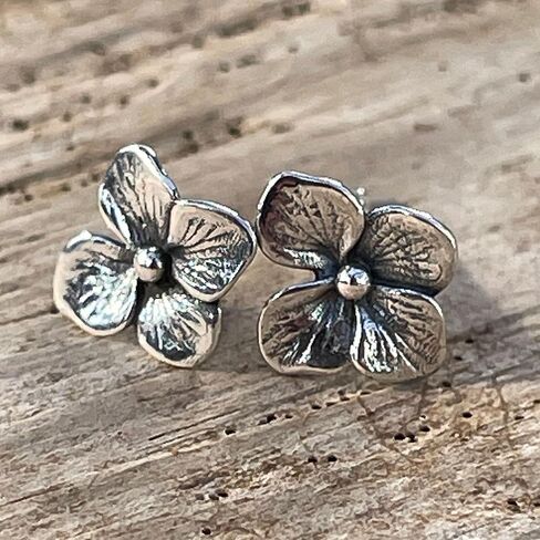 Sterling Silver Hydrangea Blossom Stud Earrings, Floral Design, Push Back Closure, 0.28" W x 0.48" L in Kuwait