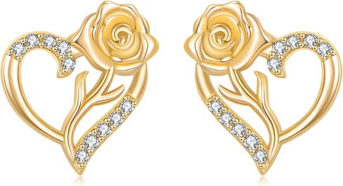 Rose Flower Stud Earrings for Women Rose Gold/White/Gold Plated 925 Sterling Silver Heart Earrings Hypoallergenic Floral Studs Jewelry Gifts for Wife Mother Grandma Christmas Birthday in Kuwait