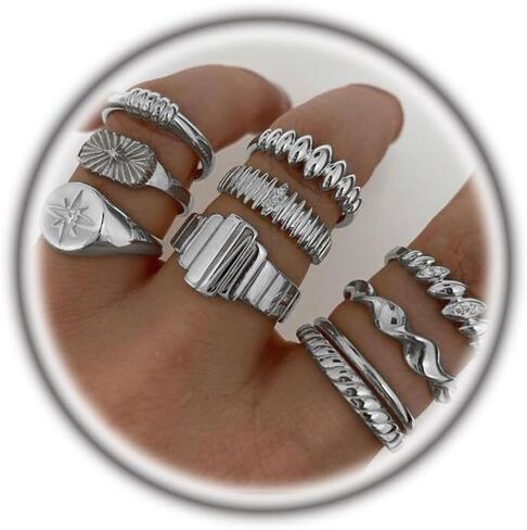 GIGB PBDK Chunky Silver Knuckle Ring Set for Women Boho Stackable Joint Finger Rings Fashion Curved Geometry Bowknot Ring Pack Jewelry Gifts in Kuwait