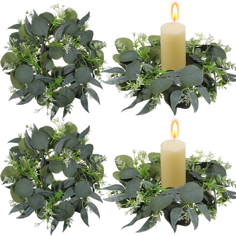 4 Pcs Eucalyptus Candle Rings Wreaths 4 Inch Center Mini Artificial Green Floral Leaves Wreaths Pillar Holder Centerpiece for Wedding Party Home Door Window Wall Farmhouse Decoration in Kuwait