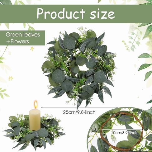 4 Pcs Eucalyptus Candle Rings Wreaths 4 Inch Center Mini Artificial Green Floral Leaves Wreaths Pillar Holder Centerpiece for Wedding Party Home Door Window Wall Farmhouse Decoration in Kuwait