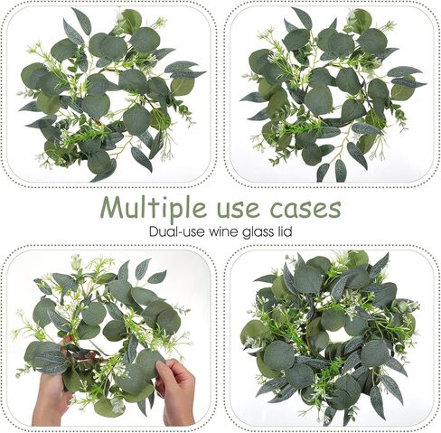 4 Pcs Eucalyptus Candle Rings Wreaths 4 Inch Center Mini Artificial Green Floral Leaves Wreaths Pillar Holder Centerpiece for Wedding Party Home Door Window Wall Farmhouse Decoration in Kuwait