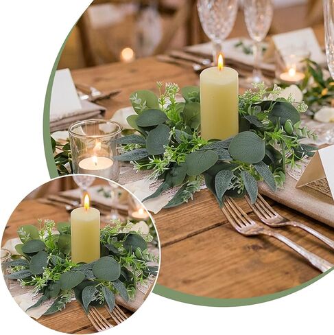 4 Pcs Eucalyptus Candle Rings Wreaths 4 Inch Center Mini Artificial Green Floral Leaves Wreaths Pillar Holder Centerpiece for Wedding Party Home Door Window Wall Farmhouse Decoration in Kuwait
