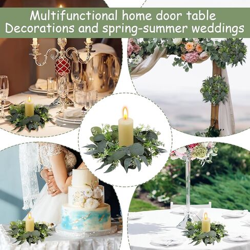 4 Pcs Eucalyptus Candle Rings Wreaths 4 Inch Center Mini Artificial Green Floral Leaves Wreaths Pillar Holder Centerpiece for Wedding Party Home Door Window Wall Farmhouse Decoration in Kuwait