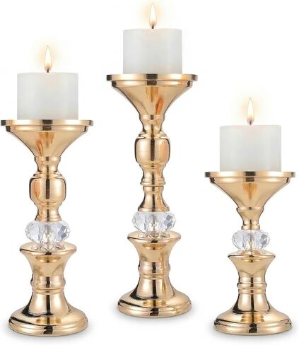 Gold Candle Holders Set of 3 for Pillar Candles Metal Candle Stands with Acrylic Crystal Accents for Wedding Centerpiece, Event Reception, Bridal Shower Home Decor – Fits 3" Wax/LED Candles in Saudi Arabia