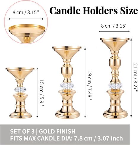 Gold Candle Holders Set of 3 for Pillar Candles Metal Candle Stands with Acrylic Crystal Accents for Wedding Centerpiece, Event Reception, Bridal Shower Home Decor – Fits 3" Wax/LED Candles in Saudi Arabia