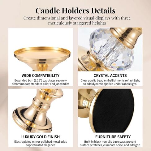 Gold Candle Holders Set of 3 for Pillar Candles Metal Candle Stands with Acrylic Crystal Accents for Wedding Centerpiece, Event Reception, Bridal Shower Home Decor – Fits 3" Wax/LED Candles in Saudi Arabia