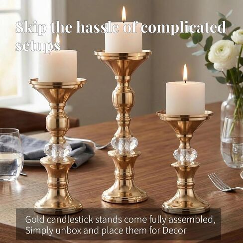 Gold Candle Holders Set of 3 for Pillar Candles Metal Candle Stands with Acrylic Crystal Accents for Wedding Centerpiece, Event Reception, Bridal Shower Home Decor – Fits 3" Wax/LED Candles in Saudi Arabia
