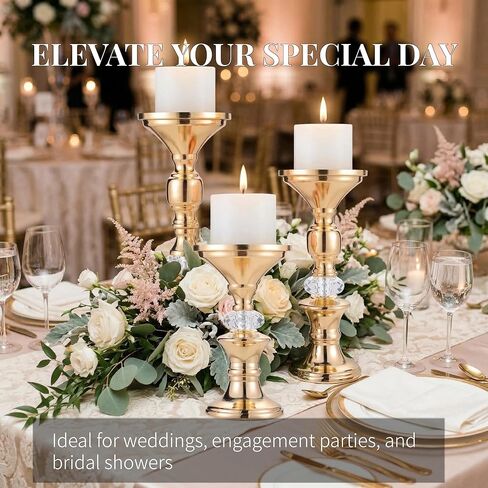 Gold Candle Holders Set of 3 for Pillar Candles Metal Candle Stands with Acrylic Crystal Accents for Wedding Centerpiece, Event Reception, Bridal Shower Home Decor – Fits 3" Wax/LED Candles in Saudi Arabia