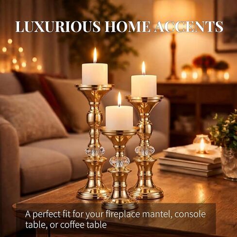 Gold Candle Holders Set of 3 for Pillar Candles Metal Candle Stands with Acrylic Crystal Accents for Wedding Centerpiece, Event Reception, Bridal Shower Home Decor – Fits 3" Wax/LED Candles in Saudi Arabia