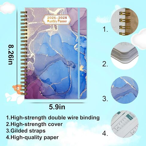 2026-2028 Monthly Planner/Calendar - 3 Year Monthly Planner 2026-2028, January 2026 - December 2028, Academic Weekly Organizer with Twin-Wire Binding for Students and Teachers (Dark Blue Marble) in Saudi Arabia