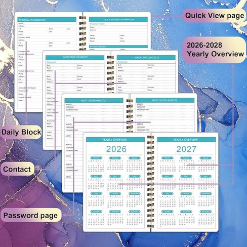 2026-2028 Monthly Planner/Calendar - 3 Year Monthly Planner 2026-2028, January 2026 - December 2028, Academic Weekly Organizer with Twin-Wire Binding for Students and Teachers (Dark Blue Marble) in Saudi Arabia