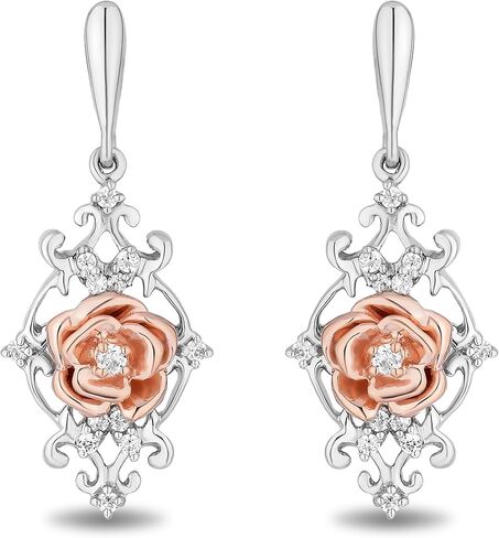 Jewelili Enchanted Disney Fine Jewelry Belle Earrings for Women | 14K Rose Gold over Sterling Silver | 1/10 CTTW Natural White Round Diamonds | Push Back Dangles | Princess Jewelry Gifts for Her in Saudi Arabia