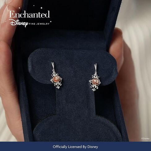 Jewelili Enchanted Disney Fine Jewelry Belle Earrings for Women | 14K Rose Gold over Sterling Silver | 1/10 CTTW Natural White Round Diamonds | Push Back Dangles | Princess Jewelry Gifts for Her in Saudi Arabia
