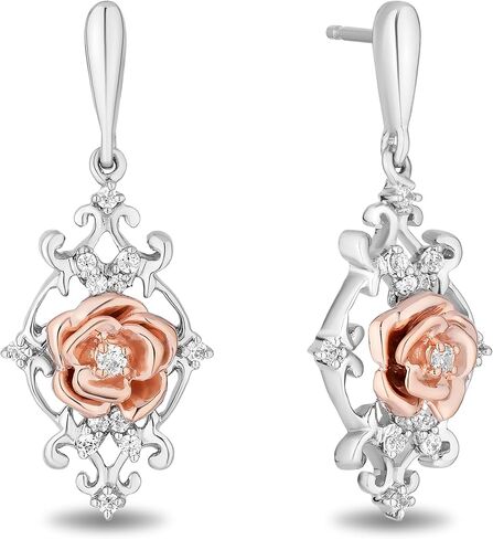 Jewelili Enchanted Disney Fine Jewelry Belle Earrings for Women | 14K Rose Gold over Sterling Silver | 1/10 CTTW Natural White Round Diamonds | Push Back Dangles | Princess Jewelry Gifts for Her in Saudi Arabia