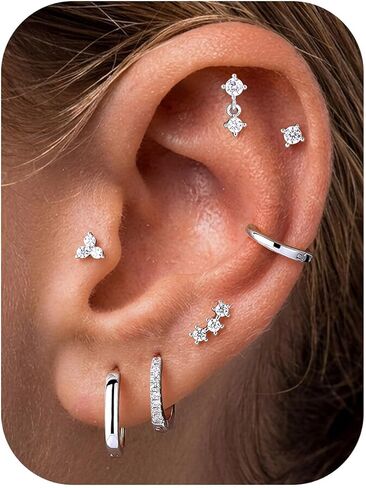 M MOOHAM Hypoallergenic Stud Hoop Earrings Stack for Women, 14K Gold-Plated Women's Flat Back CZ Stud Earrings Hoop Cartilage Earring Set Trendy Multiple Piercing Jewelry Gifts in Kuwait