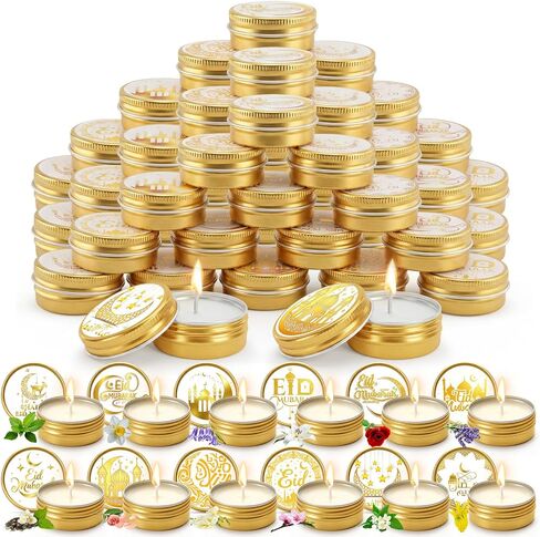 Nuanchu 50 قطعة شمعة معطرة رمضان مبارك بالجملة 1 أونصة ذهبية جرة عيد مبارك شمعة هدايا رمضان الروائح العلاجية هدايا إسلامية لحفلات العيد ديكور احتفالات العطلات الإسلامية، روائح متنوعة in Kuwait