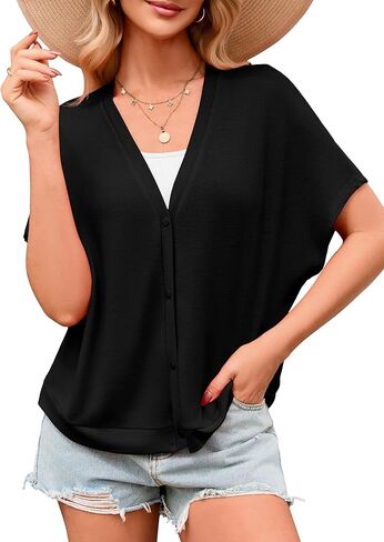 Iandroiy Women’s Oversized Cardigans Batwing Short Sleeve Lightweight Button Down V Neck Casual Tops in Saudi Arabia