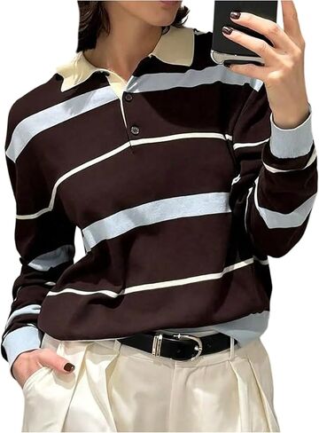 GORGLITTER Women's Color Block Striped Sweater Long Sleeve Collar Neck Pullover Fall Old Money Clothes in Saudi Arabia