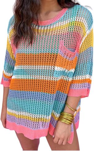 Womens Fashion Sweater Top Casual Crochet Short Sleeve Hollow Out Sweater Pullover Knit Tops Summer Outfits in Kuwait