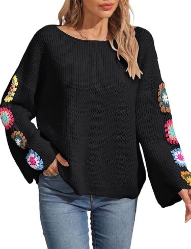 Kinghua Floral Crochet Sweaters for Women Fall Winter Casual Crew Neck Flower Pullover Boho Sweater Knit Tops in Kuwait