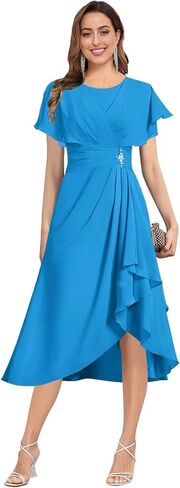 Tea Length Mother of The Bride Dresses for Women Flutter Sleeve Pleated Wedding Guest Formal Gown in Saudi Arabia