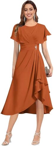 Tea Length Mother of The Bride Dresses for Women Flutter Sleeve Pleated Wedding Guest Formal Gown in Saudi Arabia