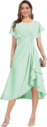 Tea Length Mother of The Bride Dresses for Women Flutter Sleeve Pleated Wedding Guest Formal Gown in Saudi Arabia