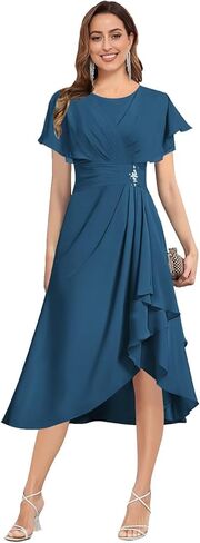 Tea Length Mother of The Bride Dresses for Women Flutter Sleeve Pleated Wedding Guest Formal Gown in Saudi Arabia