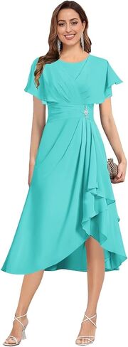 Tea Length Mother of The Bride Dresses for Women Flutter Sleeve Pleated Wedding Guest Formal Gown in Saudi Arabia