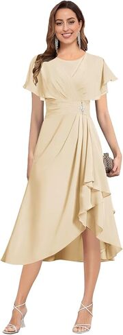 Tea Length Mother of The Bride Dresses for Women Flutter Sleeve Pleated Wedding Guest Formal Gown in Saudi Arabia