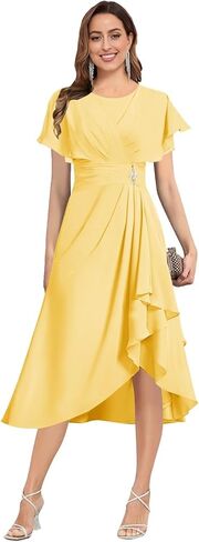 Tea Length Mother of The Bride Dresses for Women Flutter Sleeve Pleated Wedding Guest Formal Gown in Saudi Arabia