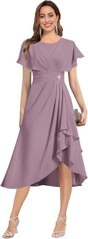 Tea Length Mother of The Bride Dresses for Women Flutter Sleeve Pleated Wedding Guest Formal Gown in Saudi Arabia