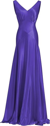 Rjer Women's V Neck Satin Bridesmaid Dresses Long Ruched A Line Bow Back Formal Evening Gowns in Kuwait