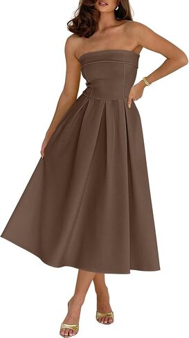 Caracilia Womens Cocktail Midi Dresses 2026 Summer Strapless Tube Top A Line Flowy Spring Formal Wedding Guest Party Dress in Saudi Arabia