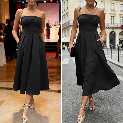 Caracilia Womens Cocktail Midi Dresses 2026 Summer Strapless Tube Top A Line Flowy Spring Formal Wedding Guest Party Dress in Saudi Arabia
