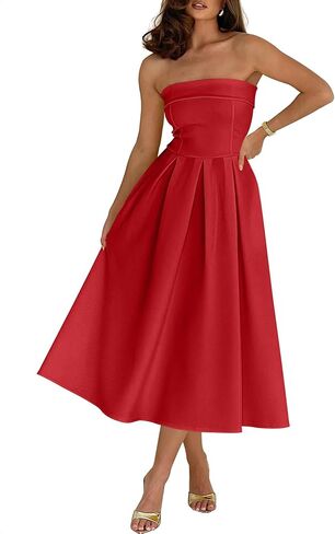 Caracilia Womens Cocktail Midi Dresses 2026 Summer Strapless Tube Top A Line Flowy Spring Formal Wedding Guest Party Dress in Saudi Arabia