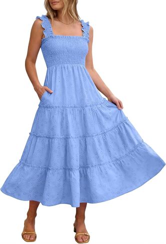 Caracilia Womens Summer Midi Dress Casual Square Neck Sleeveless Eyelet Smocked A Line Tiered 2026 Flowy Dresses with Pockets in Saudi Arabia