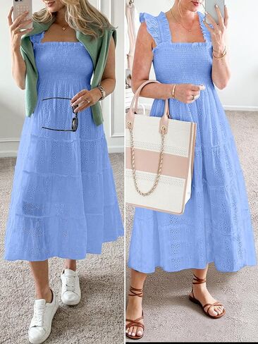 Caracilia Womens Summer Midi Dress Casual Square Neck Sleeveless Eyelet Smocked A Line Tiered 2026 Flowy Dresses with Pockets in Saudi Arabia